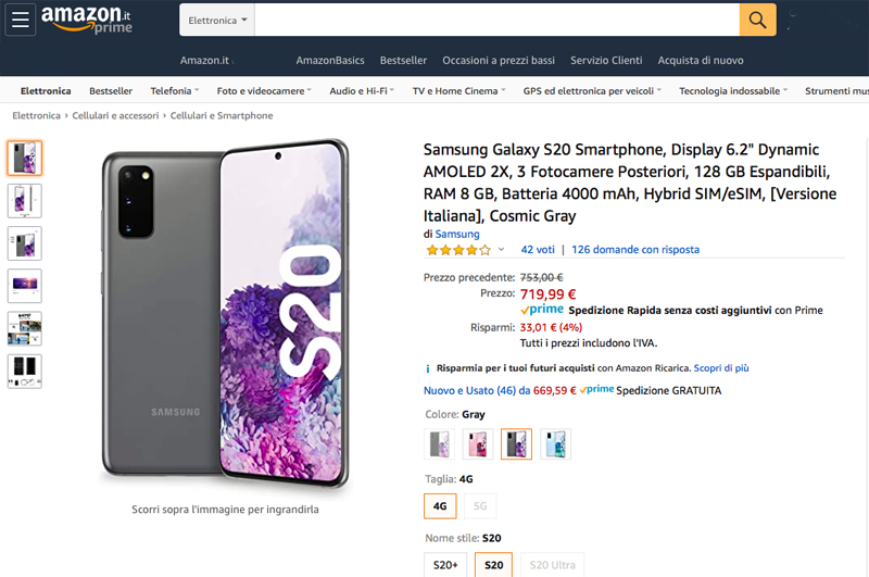 Samsung Galaxy S20: la promo di Amazon